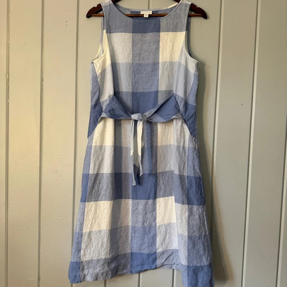 J Jill Love Linen Blue Gingham Tie front Dress Size Medium Petite - Picture 1 of 11